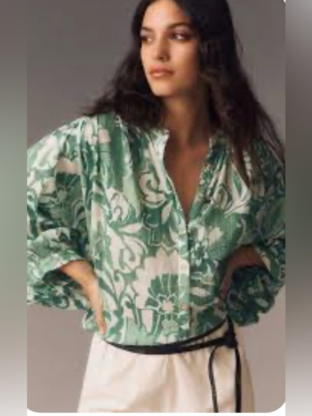 Anthropologie Pilcro Sidney Batwing Blouse Green Floral Cotton Top L